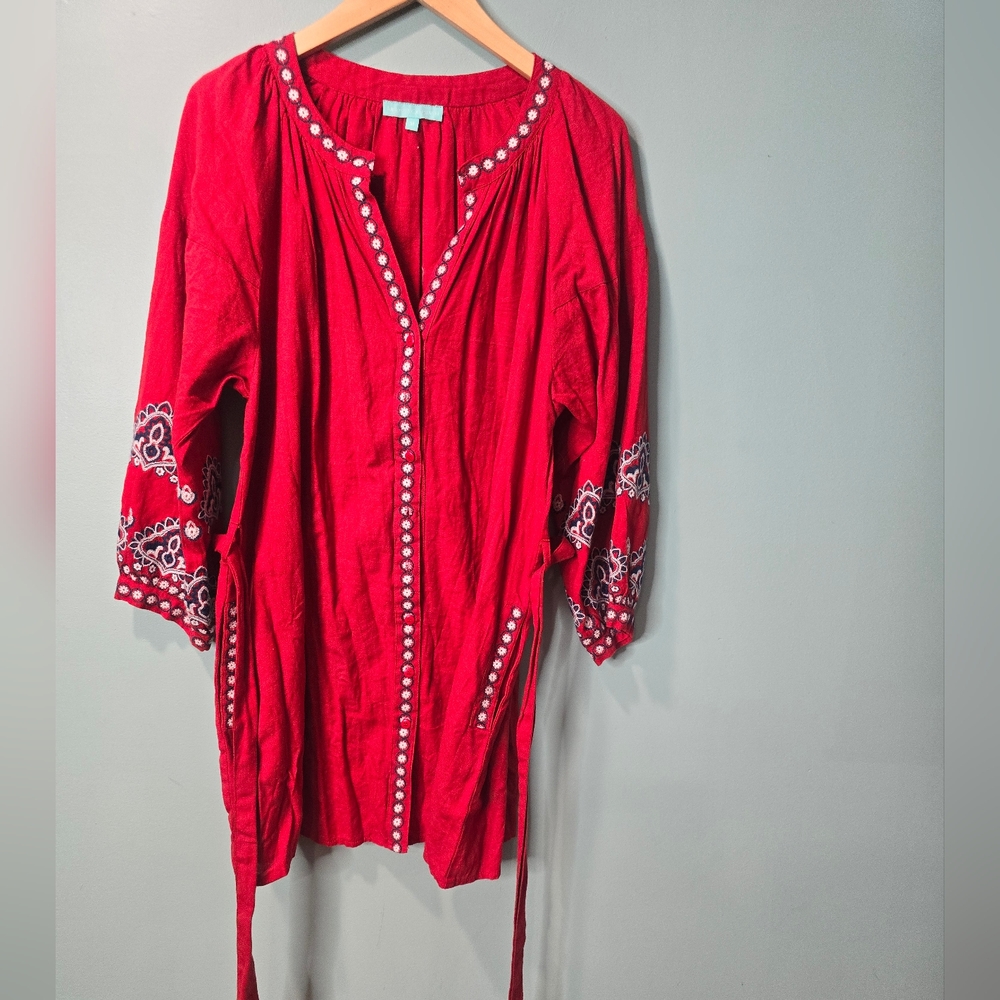 Melissa Odabash Boho Embroidered Linen Belted Shirt Dress Size M Red